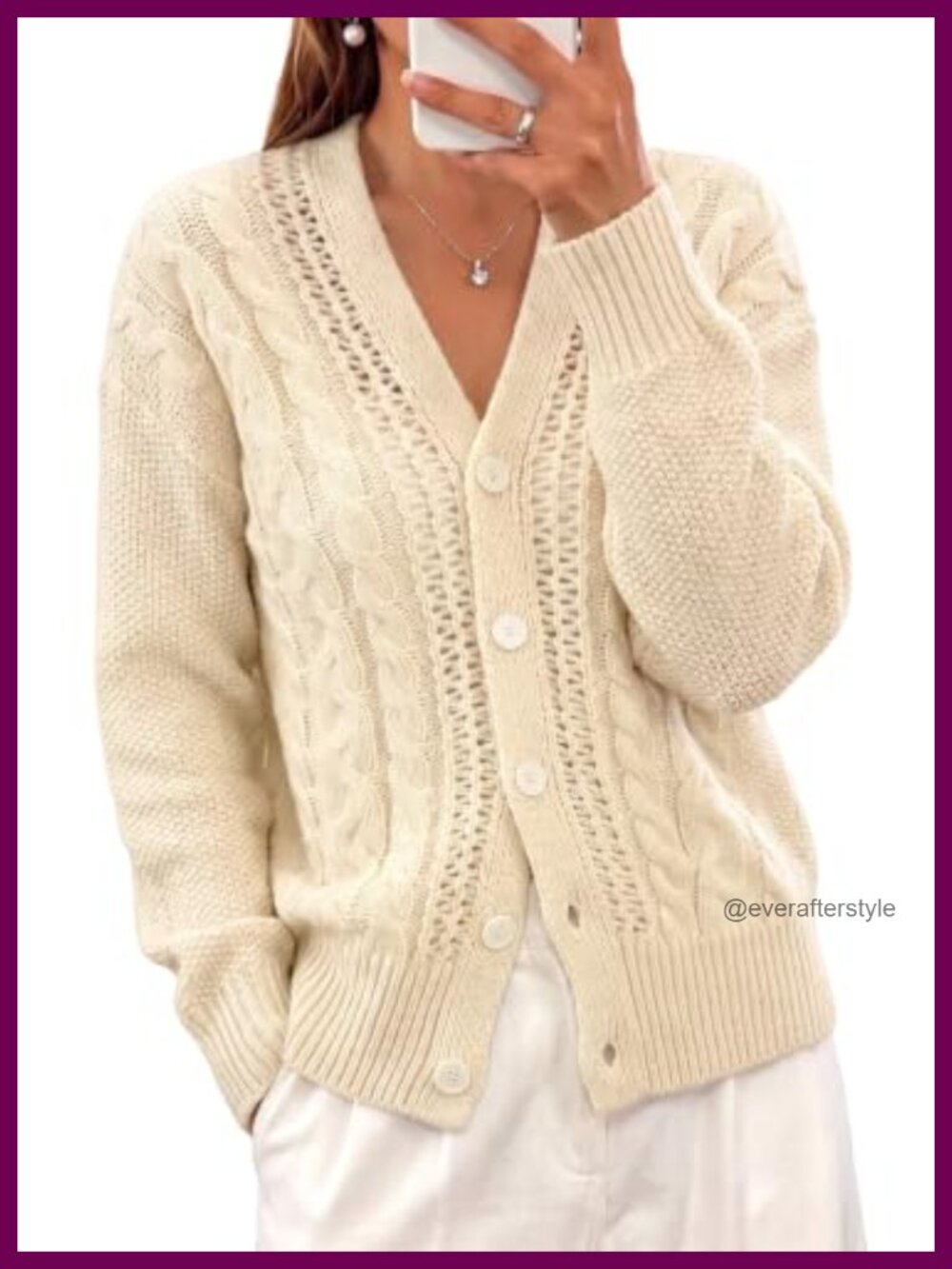 Womens Cable Knit Open Front Button Down Cardigan Sweater